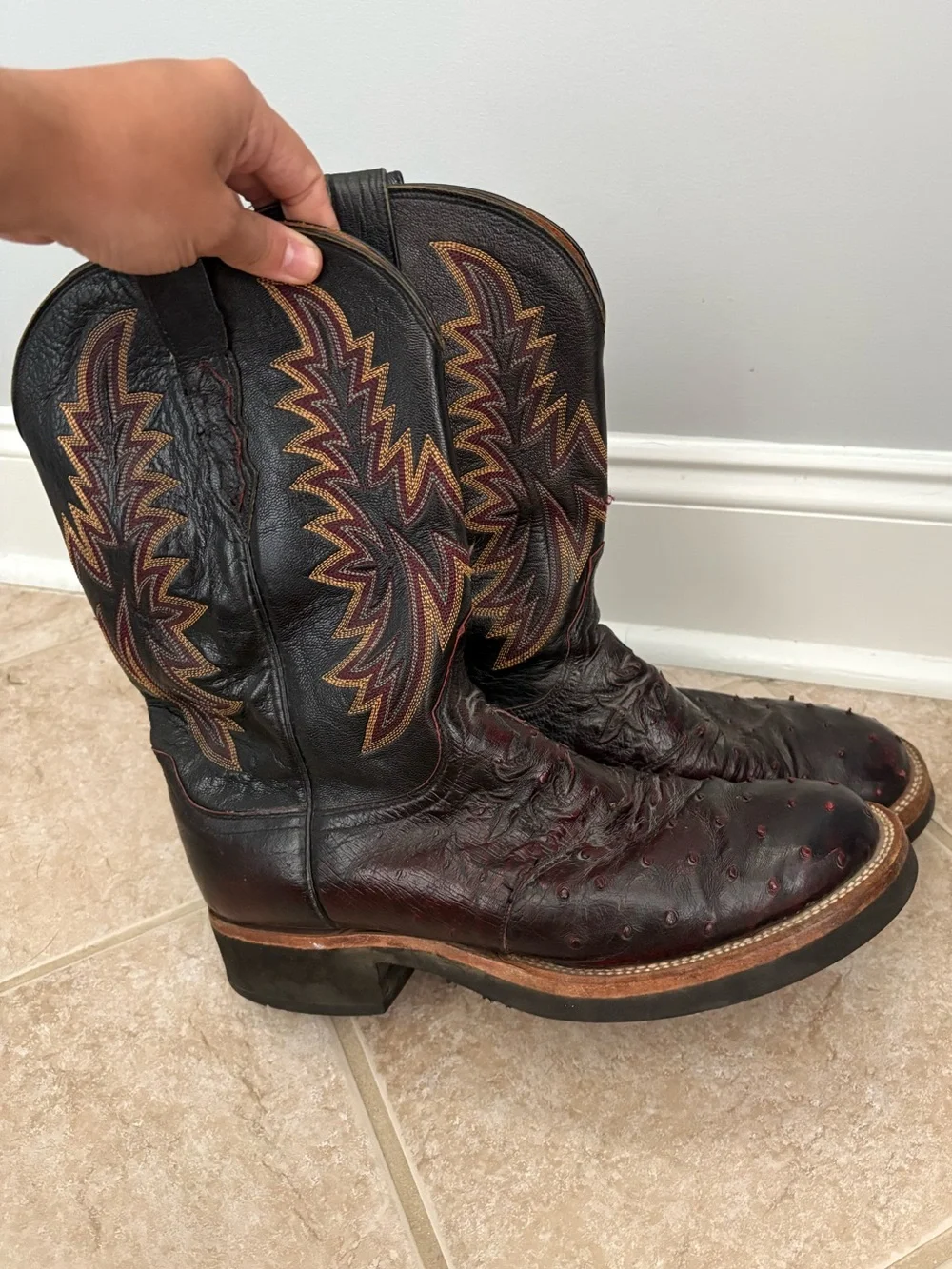 Lucchese 2000 Black Cherry Ostrich Leather Cowboy Boots Men's 10 EE Vintage